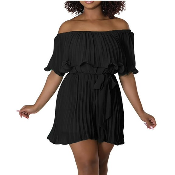 AKOEE Chiffon Flowy Short Jumpsuits for Women Dressy Casual Off The Shoulder Pleated Romper Shorts with Belt Summer (2XL, Black)
