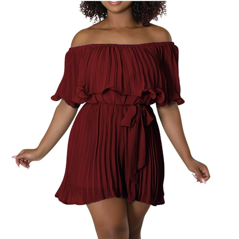 AKOEE Chiffon Flowy Short Jumpsuits for Women Dressy Casual Off The  Shoulder Pleated Romper Shorts with Belt Summer (S, Wine) - Walmart.com