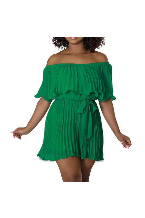 Chiffon Flowy Short Jumpsuits for Women Dressy Casual Off The Shoulder Pleated Romper Shorts with Belt Summer (XL, Green)