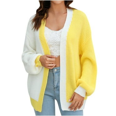 AKOEE Colorblock Cardigan Sweater Womens Trendy Casual Dropped Shoulder Long Sleeve Open Front Knitwear Jacket (Medium, Yellow)