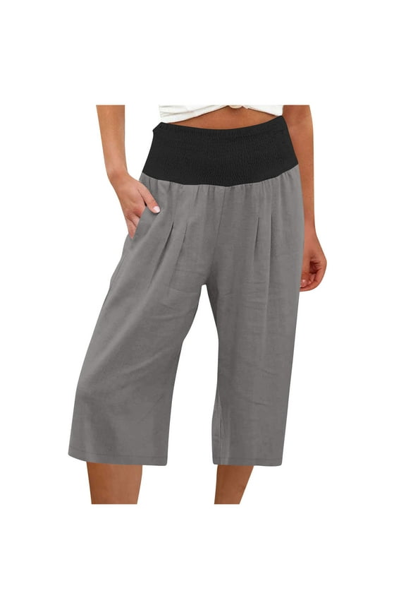 Comfy Linen Capri Pants for Women Summer Casual Colorblock Smocked High Waist Loose Wide Leg Capris (2XL, Gray)
