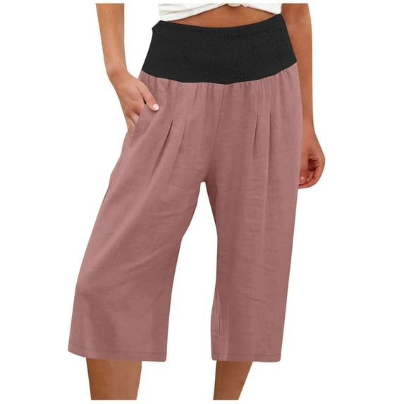 AKOEE Comfy Linen Capri Pants for Women Summer Casual Colorblock Smocked High Waist Loose Wide Leg Capris (XX-Large, Pink)