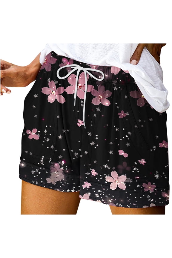 Comfy Summer Shorts Soft Drawstring High Waist Stripes/Floral/Tie Dye Graphic Print Womens Short Pants (2XL, Black-Floral)