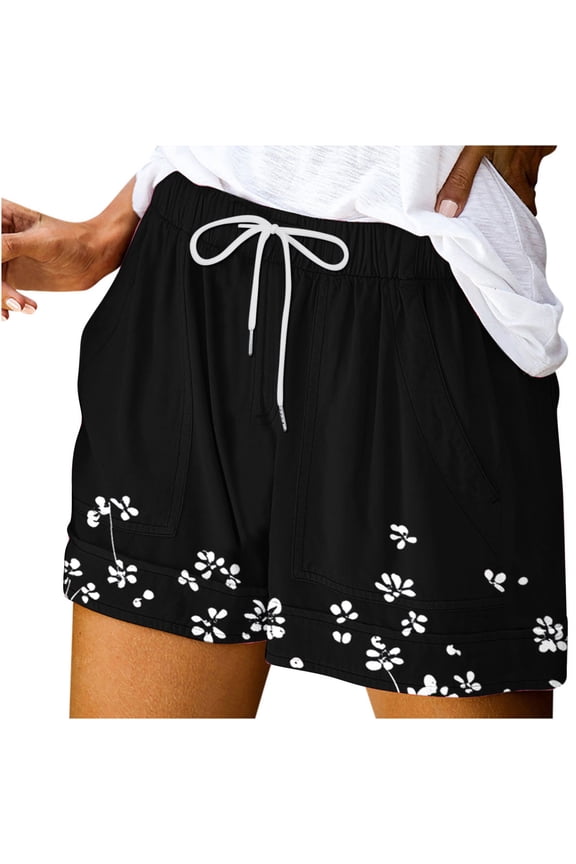 Comfy Summer Shorts Soft Drawstring High Waist Stripes/Floral/Tie Dye Graphic Print Womens Short Pants (S, Black 02)