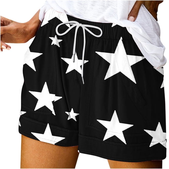 AKOEE Comfy Summer Shorts Soft Drawstring High Waist Stripes/Floral/Tie Dye Graphic Print Womens Short Pants (S, Black-Stars)