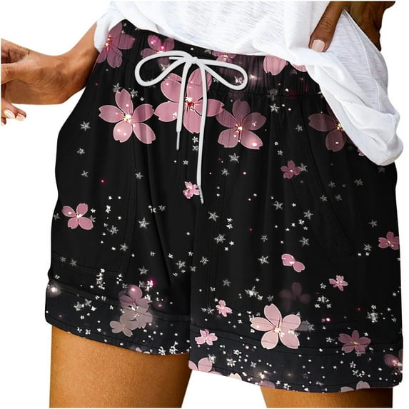AKOEE Comfy Summer Shorts Soft Drawstring High Waist Stripes/Floral/Tie Dye Graphic Print Womens Short Pants (XL, Black-Floral)