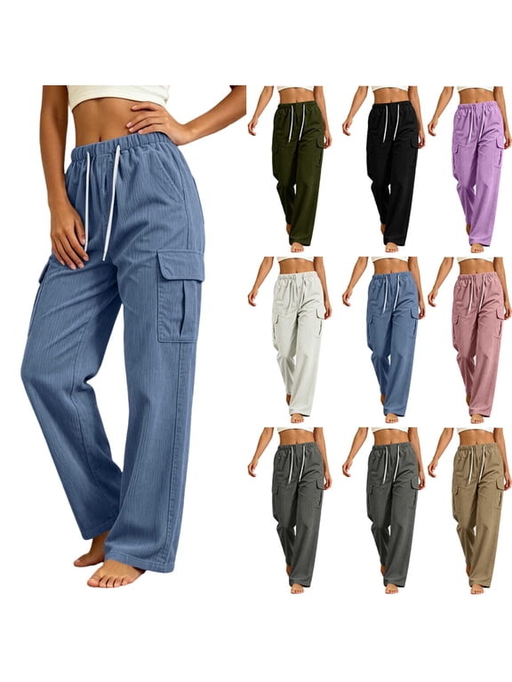 Corduroy Pants for Women Multi Pockets Drawstring Elastic Waist Comfy Spring Fall Cargo Sweatpants (2XL, Blue)