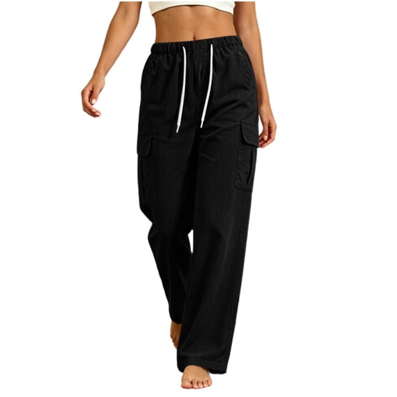 AKOEE Corduroy Pants for Women Multi Pockets Drawstring Elastic Waist Comfy Spring Fall Cargo Sweatpants (L, Black)
