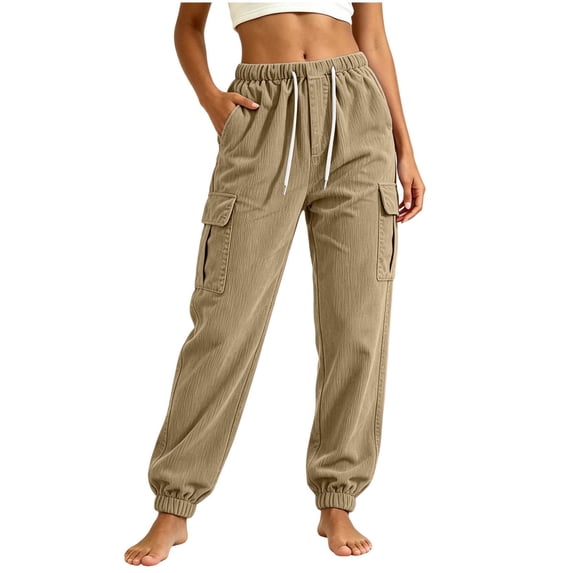 AKOEE Corduroy Pants for Women Multi Pockets Drawstring Elastic Waist Comfy Spring Fall Cargo Sweatpants (S, Khaki|Cinched-Bottom)
