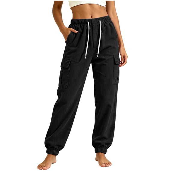 AKOEE Corduroy Pants for Women Multi Pockets Drawstring Elastic Waist Comfy Spring Fall Cargo Sweatpants (XL, Black|Cinched-Bottom)