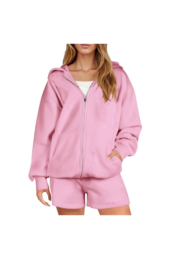AKOEE Cotton 2 Piece Sweatsuits Short Sets Womens Full Zip Hoodie Jacket and Shorts with Pockets Sports Outfits (M, Pink)