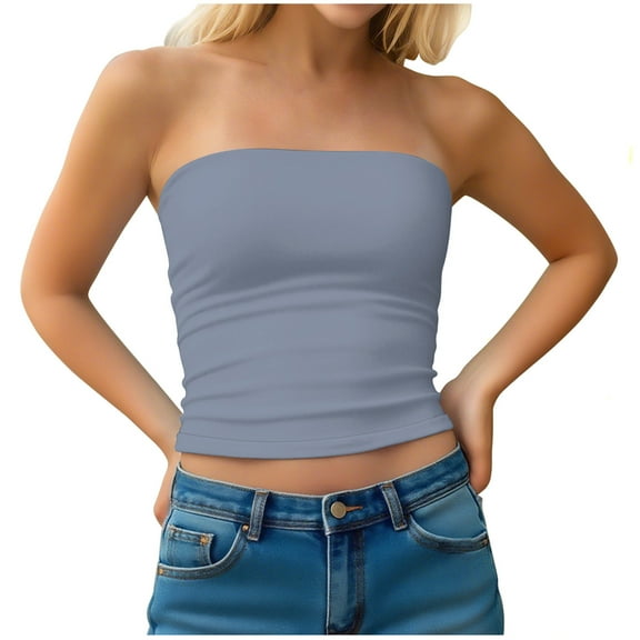 AKOEE Cotton Bandeau Tube Tops for Women Teens Y2k Cropped Going Out Tee Club Sleeveless Casual Base Undershirt (M, Light Blue 01)
