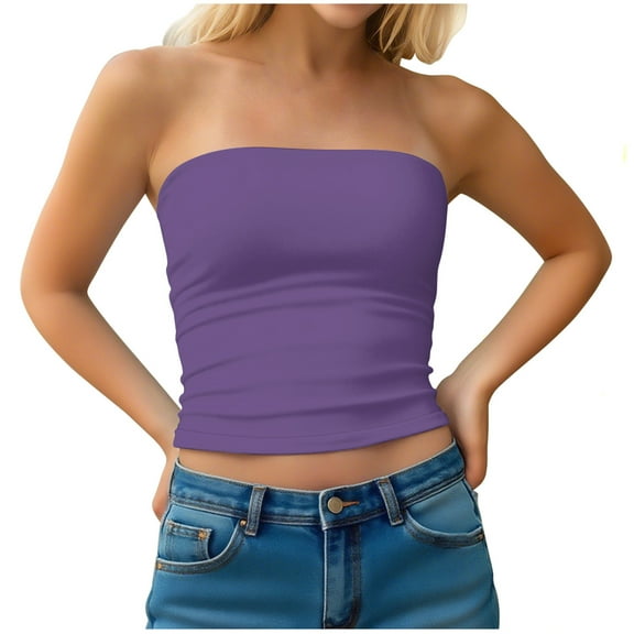 AKOEE Cotton Bandeau Tube Tops for Women Teens Y2k Cropped Going Out Tee Club Sleeveless Casual Base Undershirt (M, Purple 01)