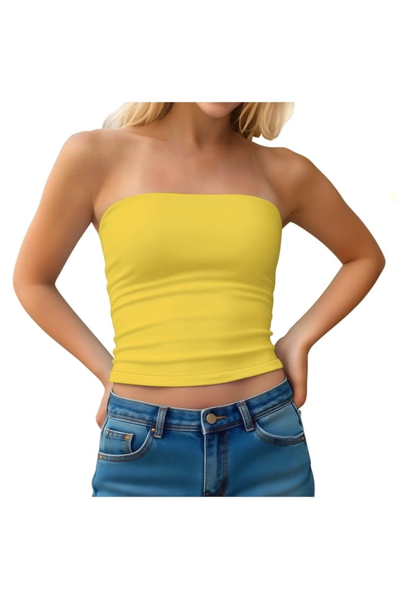 Cotton Bandeau Tube Tops for Women Teens Y2k Cropped Going Out Tee Club Sleeveless Casual Base Undershirt (M, Yellow)