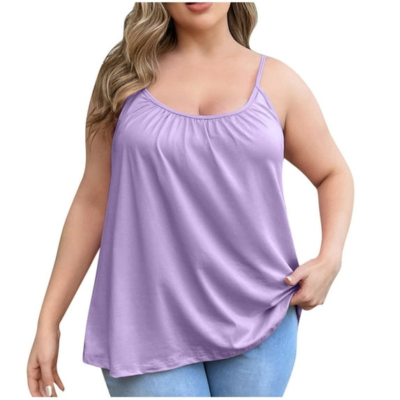 AKOEE Cotton Camisole Tops Plus Size Womens Shelf Bra Scoop Neck Sleeveless Spaghetti Strap Pajama Sleep Blouse (XL, Purple)