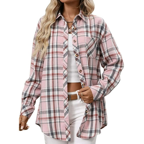 AKOEE Cotton Flannel Shackets Womens Button Down Plaid Shirt Jacket with Chest Pocket Casual Long Sleeve Blouses (2XL, Pink 01)