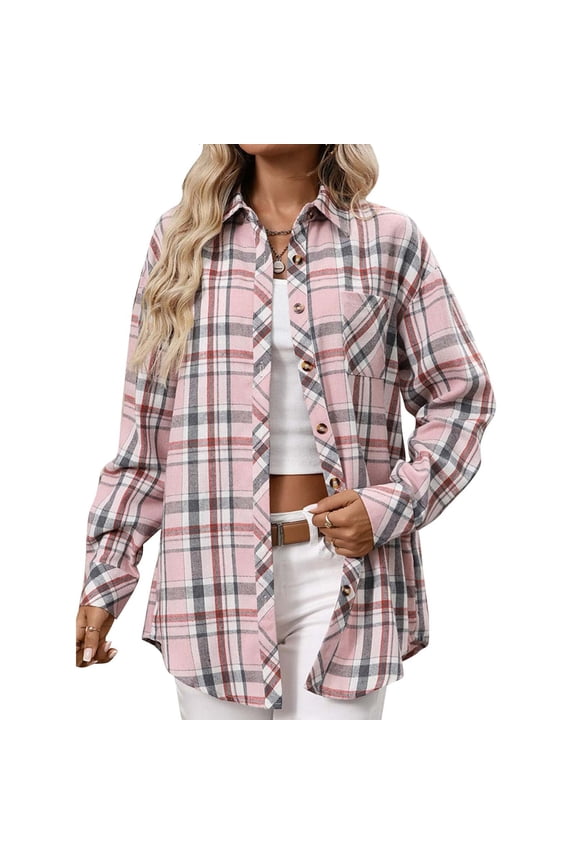 Cotton Flannel Shackets Womens Button Down Plaid Shirt Jacket with Chest Pocket Casual Long Sleeve Blouses (L, Pink 01)