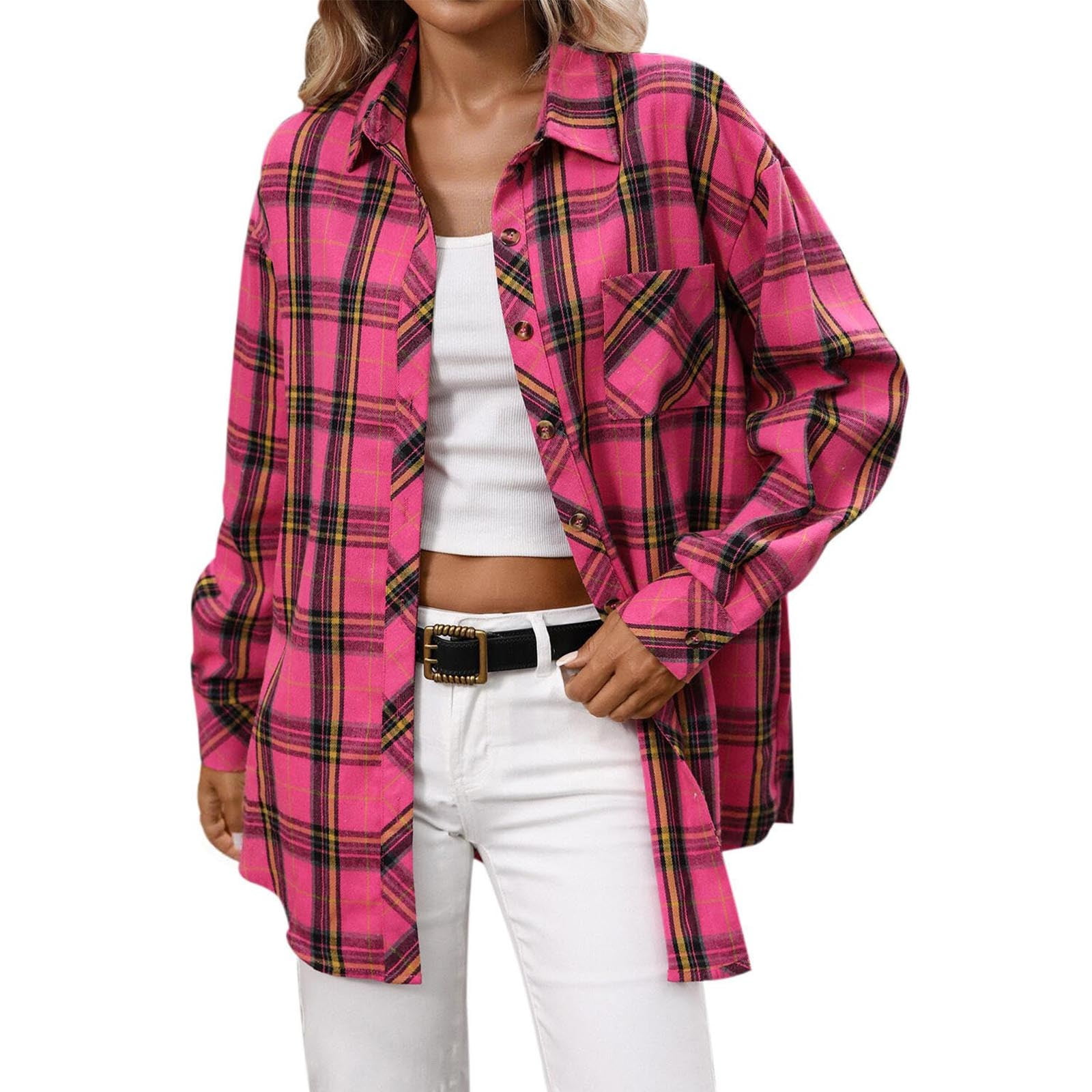 AKOEE Cotton Flannel Shackets Womens Button Down Plaid Shirt Jacket ...