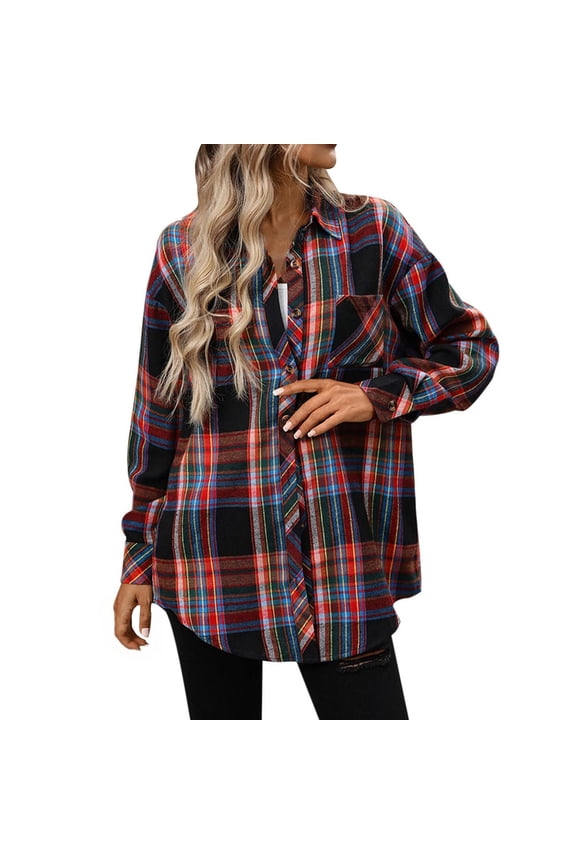 Cotton Flannel Shackets Womens Button Down Plaid Shirt Jacket with Chest Pocket Casual Long Sleeve Blouses (S, Red)