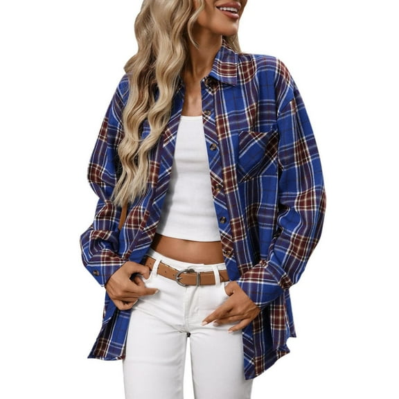 AKOEE Cotton Flannel Shackets Womens Button Down Plaid Shirt Jacket with Chest Pocket Casual Long Sleeve Blouses (XL, Navy)