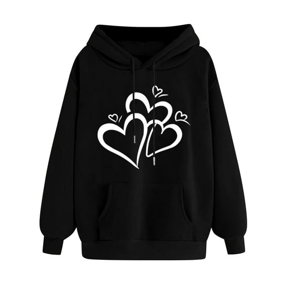 AKOEE Cotton Hoodie Sweatshirts Womens Fall Winter Valentines Outfits Classic Love Heart Print Pocket Pullover Top (S, Black 01)