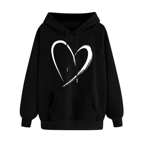 AKOEE Cotton Hoodie Sweatshirts Womens Fall Winter Valentines Outfits Classic Love Heart Print Pocket Pullover Top (XL, Black)