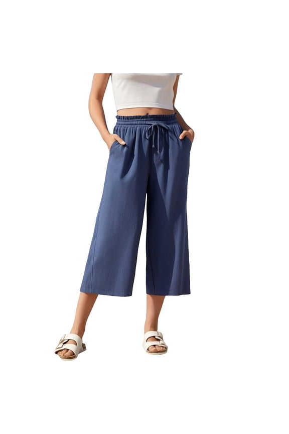 Cotton Linen Capris for Women with Pockets Drawstring Elastic Waist Wide Leg Beach Lounge Capri Pants (XL, Navy)