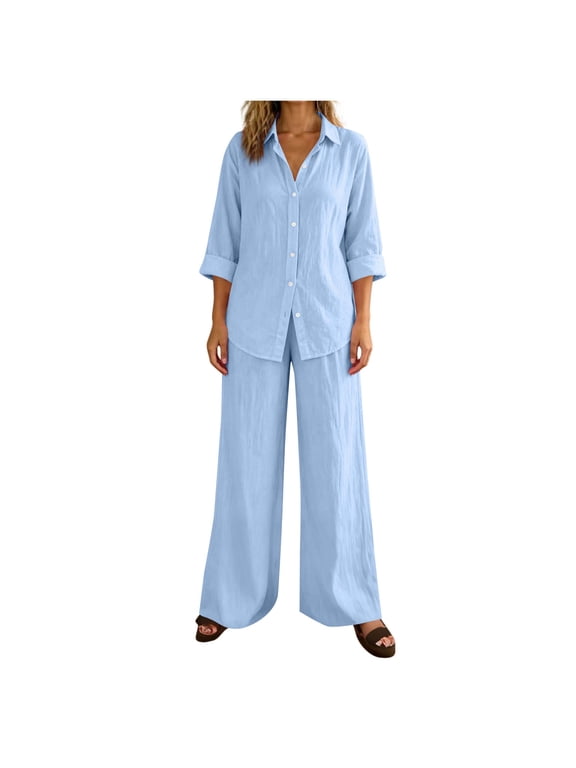 Cotton Linen Plus Size Outfits Women 2 Piece Button Down Long Sleeve Shirts and Wide Leg Trouser Pants Set (4XL, Sky Blue)