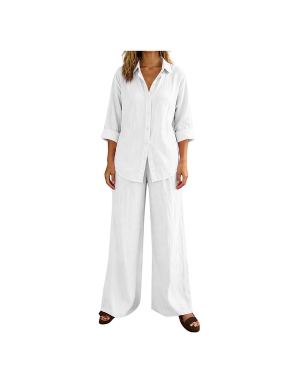 Cotton Linen Plus Size Outfits Women 2 Piece Button Down Long Sleeve Shirts and Wide Leg Trouser Pants Set (4XL, White)