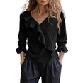 thumbnail image 1 of AKOEE Cotton Linen Shirts for Women Ruffled V Neck Tops S-3X Long Sleeve Casual Summer Beach Vacation Outfits (M, Black), 1 of 6