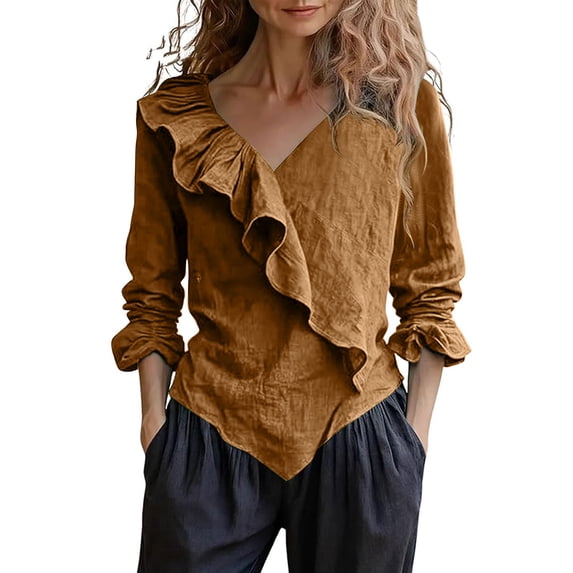 AKOEE Cotton Linen Shirts for Women Ruffled V Neck Tops S-3X Long Sleeve Casual Summer Beach Vacation Outfits (XL, Yellow)