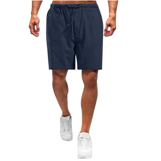 AKOEE Cotton Linen Shorts for Men Summer Plain Drawstring Elastic Waist Casual 7 Inch Shorts Loose Short Pant (3X-Large, Blue)