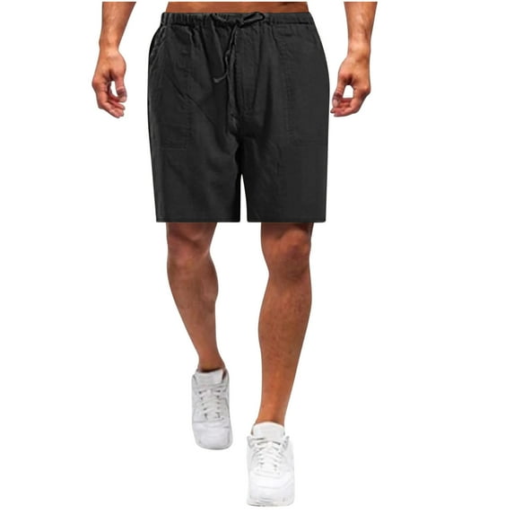 AKOEE Cotton Linen Shorts for Men Summer Plain Drawstring Elastic Waist Casual 7 Inch Shorts Loose Short Pant (XL, Black)