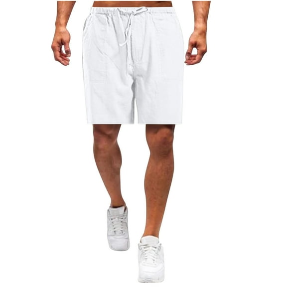 AKOEE Cotton Linen Shorts for Men Summer Plain Drawstring Elastic Waist Casual 7 Inch Shorts Loose Short Pant (2XL, White)