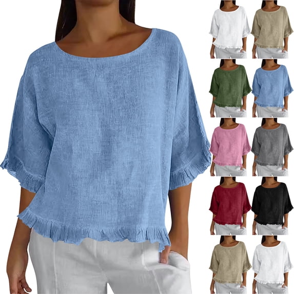 AKOEE Cotton Linen Summer Tops Womens Short Sleeve Loose Casual Beach Crewneck T-shirts with Ruffle Detail (2XL, Sky Blue)