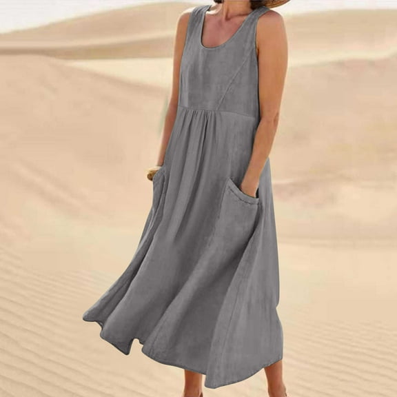 AKOEE Cotton Linen Tank Dress for Women with Pockets Scoop Neck Fashion Plus Size Summer Casual Midi/Long Dress (4X-Large, Gray-Long)