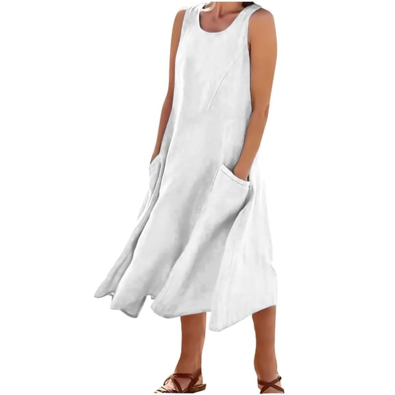AKOEE Cotton Linen Tank Dress for Women with Pockets Scoop Neck Fashion Plus Size Summer Casual Midi/Long Dress (Large, White)