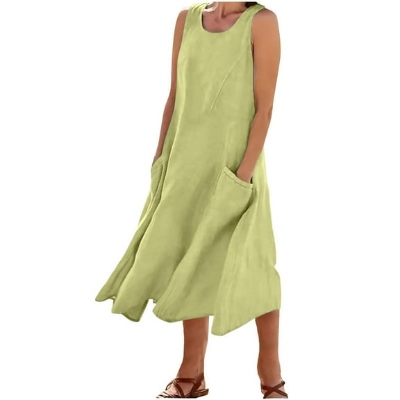 AKOEE Cotton Linen Tank Dress for Women with Pockets Scoop Neck Fashion Plus Size Summer Casual Midi/Long Dress (Small, Green)
