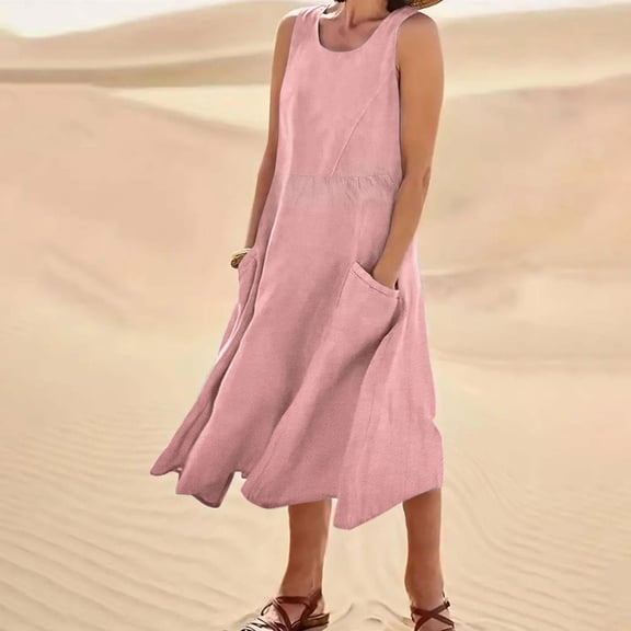 AKOEE Cotton Linen Tank Dress for Women with Pockets Scoop Neck Fashion Plus Size Summer Casual Midi/Long Dress (X-Large, Pink)