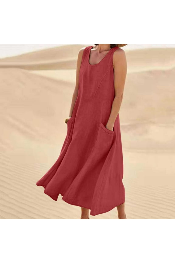 Cotton Linen Tank Dress for Women with Pockets Scoop Neck Fashion Plus Size Summer Casual Midi/Long Dress (X-Large, Red-Long)