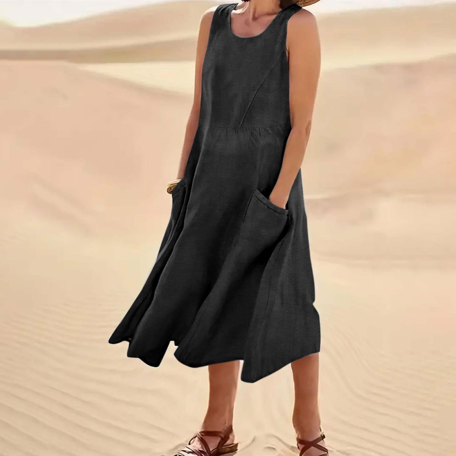 Akoee Cotton Linen Tank Dress for Women with Pockets Scoop Neck Fashion Plus Size Summer Casual Midi/Long Dress (5X-Large, Black-Long), Women's, Size: