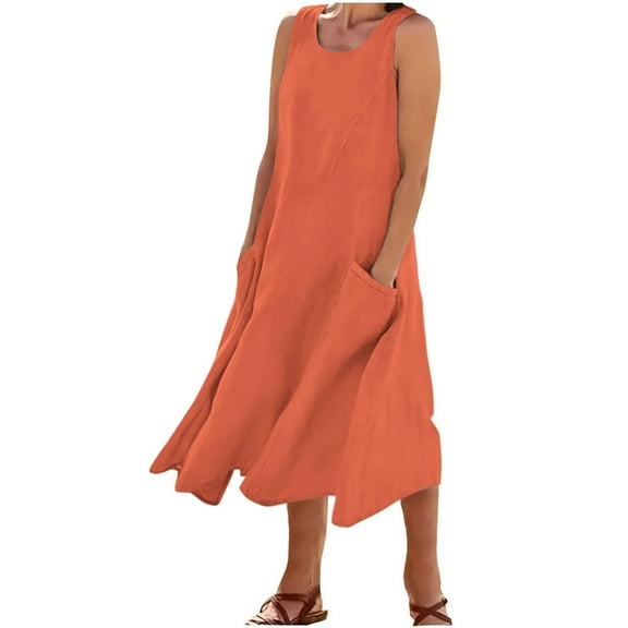 AKOEE Cotton Linen Tank Dress for Women with Pockets Scoop Neck Fashion Plus Size Summer Casual Midi/Long Dress (XX-Large, Orange)