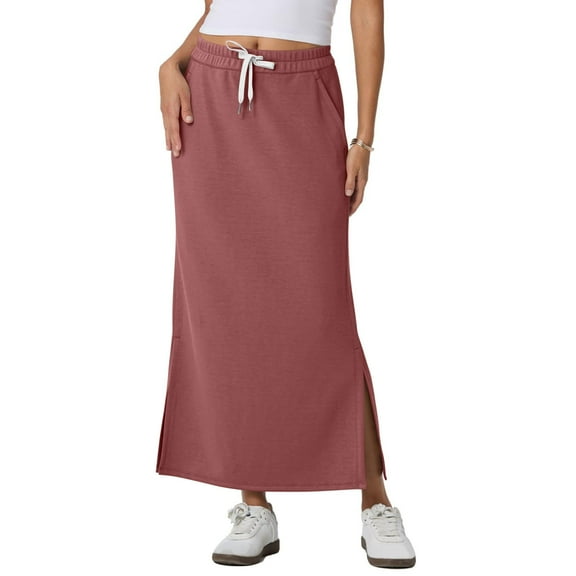 AKOEE Cotton Maxi Skirts for Women with Pockets Side Slit Casual Sport Long Skirts Drawstring Elastic Waist Skirt (XL, Watermelon Red)