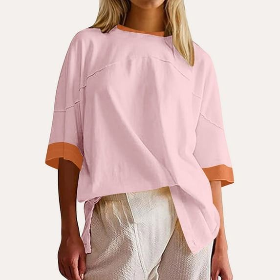 AKOEE Cotton Oversized T Shirts for Women Trendy Colorblock Crew Neck 3/4 Sleeve Summer Tops Y2k Casual Basic Tees (2XL, Pink)
