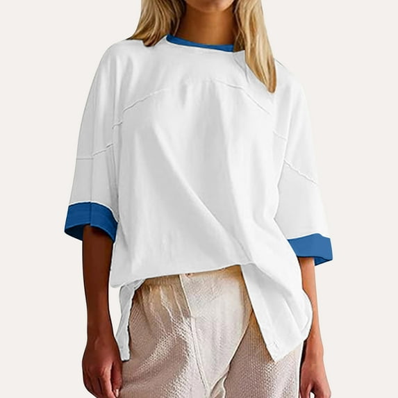 AKOEE Cotton Oversized T Shirts for Women Trendy Colorblock Crew Neck 3/4 Sleeve Summer Tops Y2k Casual Basic Tees (L, White)