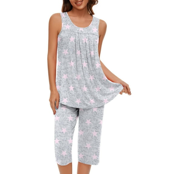 AKOEE Cotton Pajamas Loungewear Women 2 Piece Solid/Floral Print Sleeveless Pleated Tank Top with Knee Length Short Pants Sets (Medium, Gray)