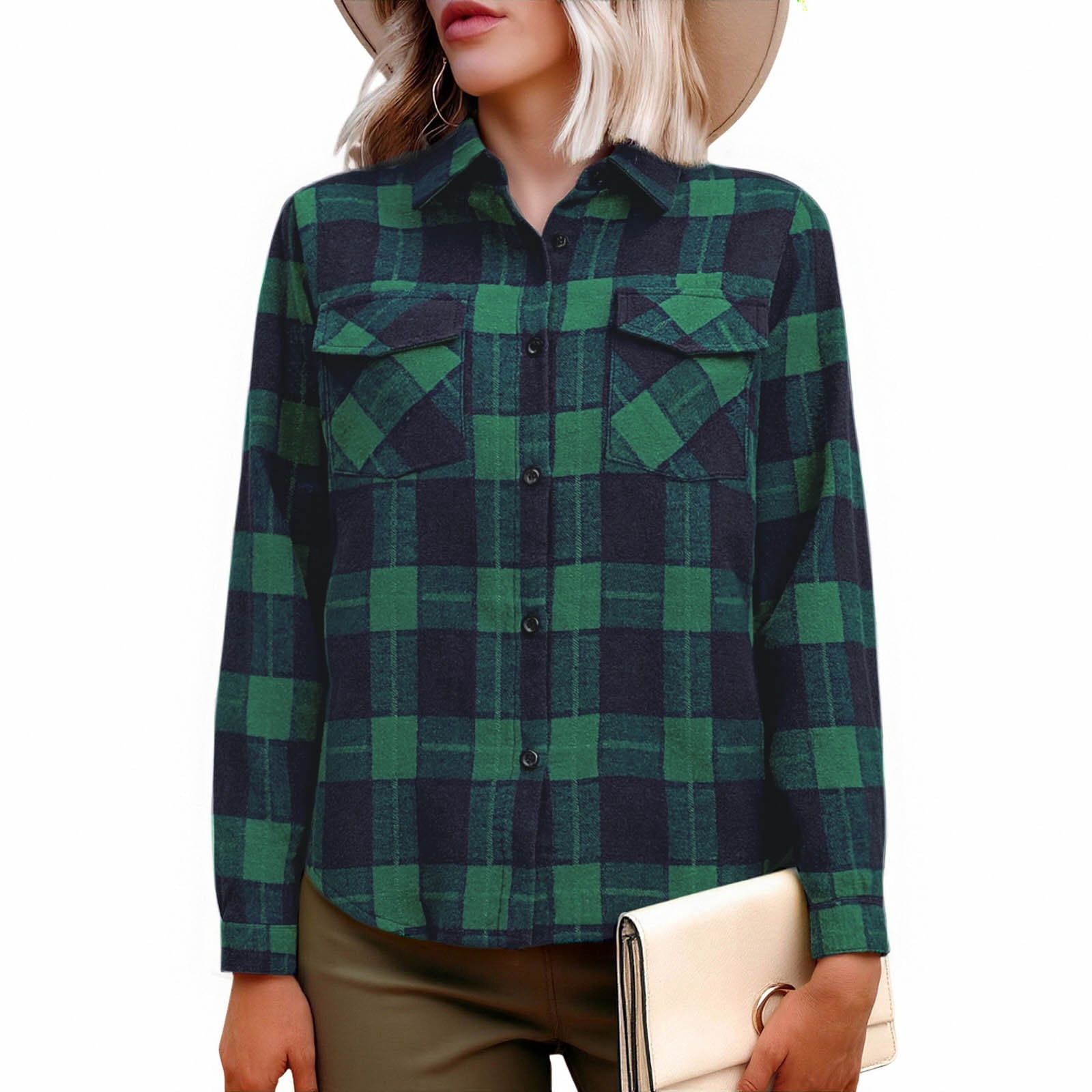 AKOEE Cotton Plaid Shirts Women Button Down Long Sleeve Flannel ...