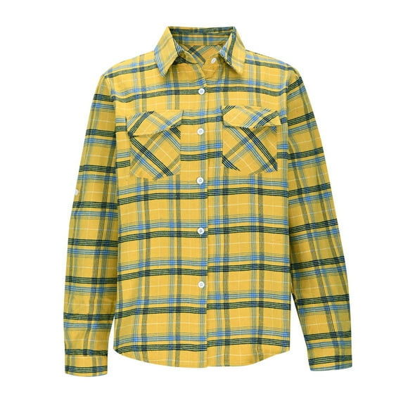 AKOEE Cotton Plaid Shirts Womens Button Down Long Sleeve Curved Hem Lapel Collar Shacket Blouses with Pockets (2XL, Yellow)