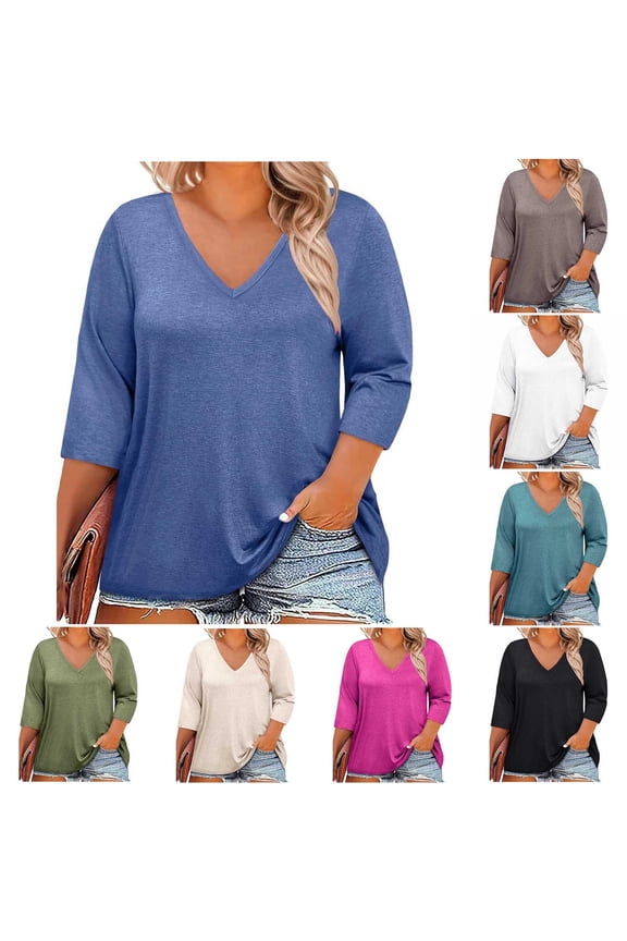 Cotton Plus Size Tops for Women Loose Fit 3/4 Sleeve V Neck Tee Shirt Soft Casual Plain Tshirts (2XL, Blue)