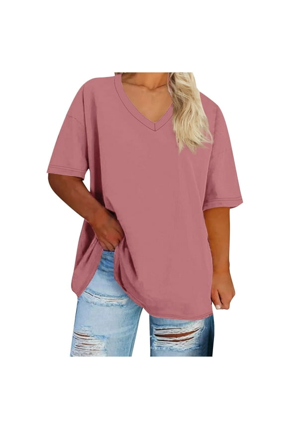 Cotton Plus Size Tops for Women Short Sleeve V-neck Casual Summer Tshirts Loose Fit Solid Color Tunic Tee T-shirts (2XL, Pink)